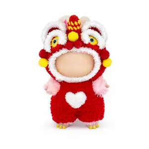 2pcs Cute Red Lion Dance Costume for Labubu | Handmade Crochet Plush Suit with Heart Detail, Festive Chinese New Year Outfit Additions, Polyester Fiber