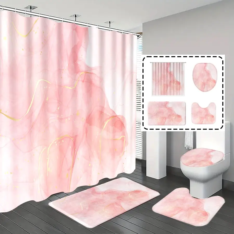 1pc/4pcs, bathroom curtains shower, bathroom set, shower curtains, bathroom decor, Bathroom Decor And Accessories, bathroom rug, bathroom mat, pink watercolor marble pattern, simple luxurious decoration, with 12 hooks