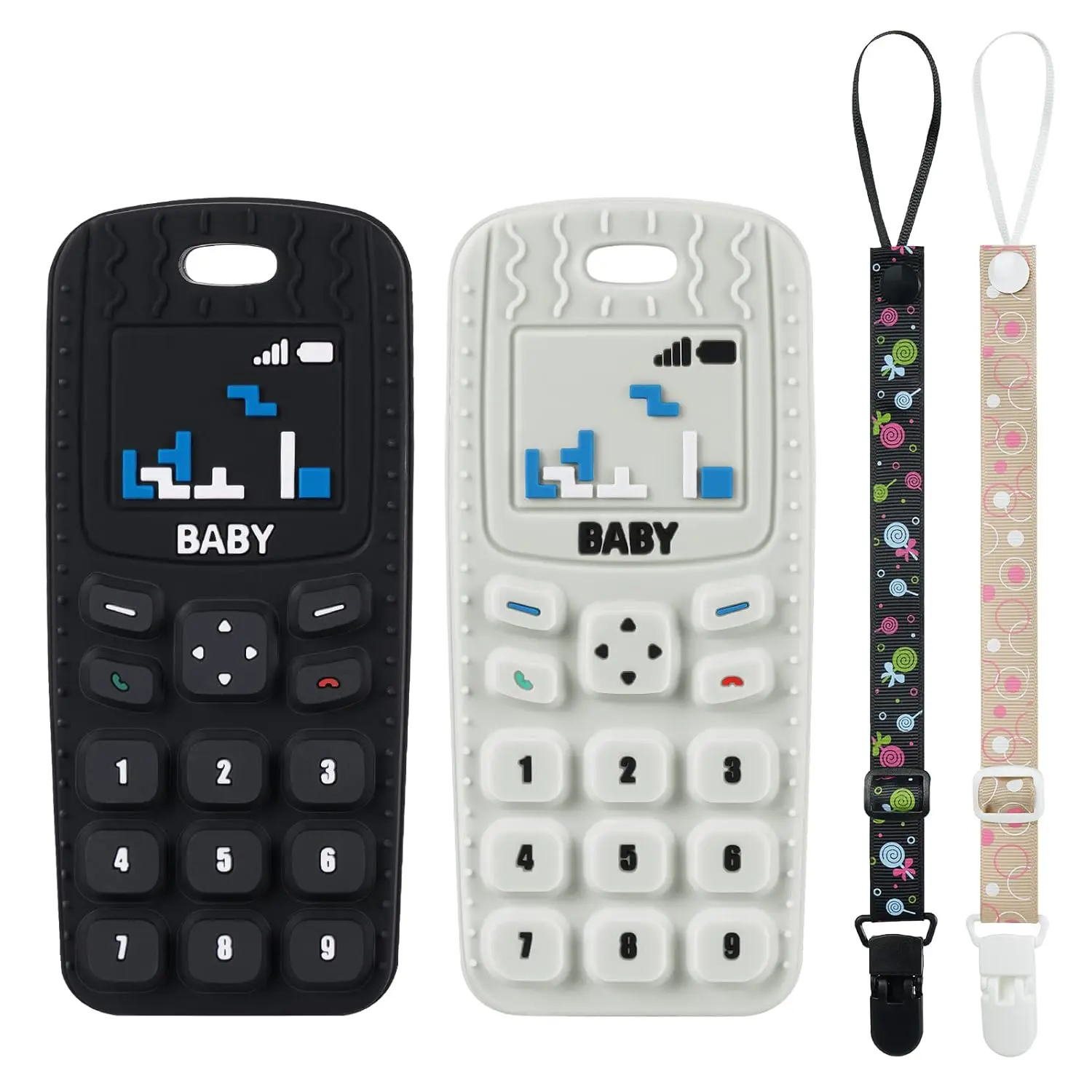 Silicone Teething Toys, Cell Phone Teether With 2PCS Pacifier Clip for 0-12 Months, BPA Free Dishwasher Safe