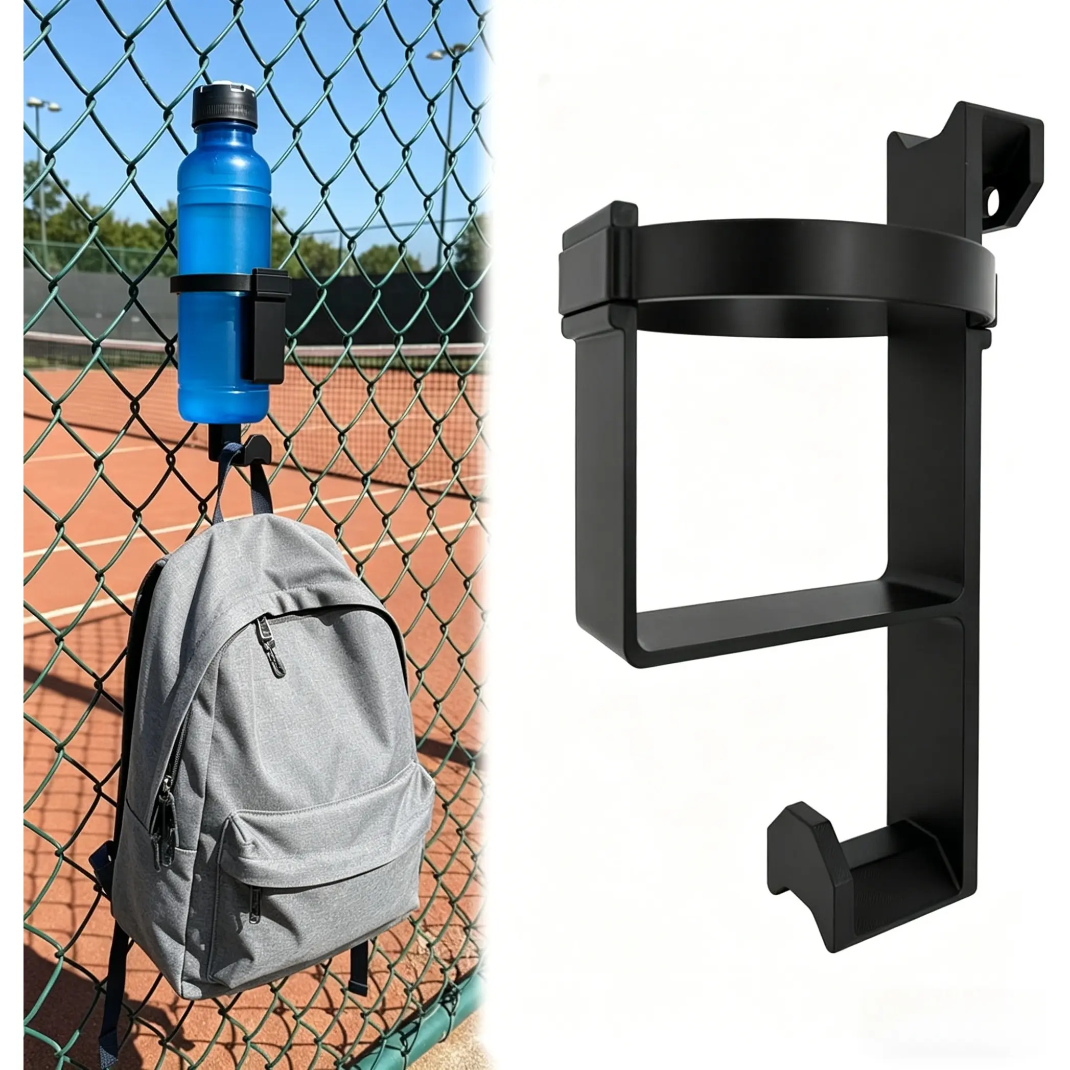 2-in-1 Dugout Fence Cup Holder, Chain Link Fence Water Bottle & Backpack Hook, No Drilling, for Baseball Softball Tennis Cycling Field, Outdoor Sports Gear Organizer，Court Water Bottle and Bag Racks, Accessories
