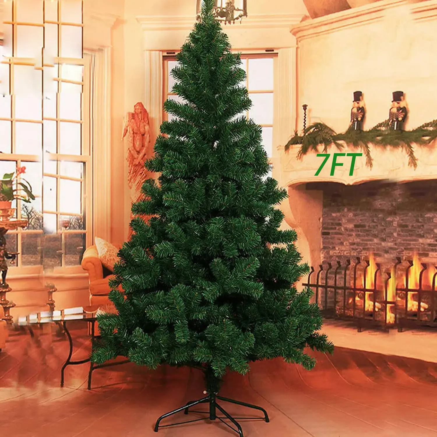Green Artificial Christmas Tree, 7ft Premium Unlit Hinged Spruce Full Tree, with 1000 Branch Tips and Metal Stand, Easy Assembly, for Indoor and Outdoor Use