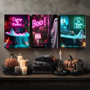 3 Counts Wooden Framed Canvas, Neon Ghost Bathroom Posters, Halloween Home Poster, Halloween Party Decorations, Living Room And Bedroom Hanging Paintings, Horror Theme, Interesting Posters, Exquisite Gifts, High-Definition Art, Modern Art Design