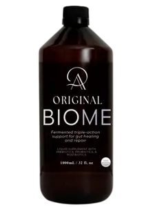 Original Biome is a liquid live biome prebiotic, probiotic, and postbiotic formula designed to restore gut health, digestion, immunity, mood, and skin. Made for daily use. One easy, sippable tablespoon a day.