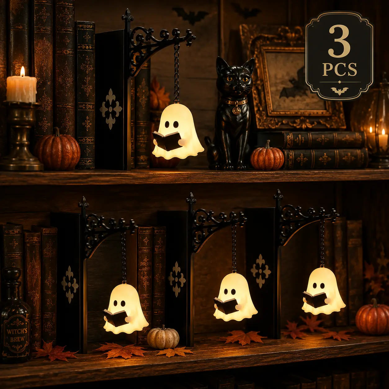 3PCS Ghost Bookshelf Lantern，Library Mini Bookshelf Lamp, Little Cute Lantern-Decorative Library Bookshelf Decor Light - Warm LED Hanging Bookshelf Lantern for Reading Nooks, Library Shelves & Desk Decor, Halloween Gift for Book Lovers