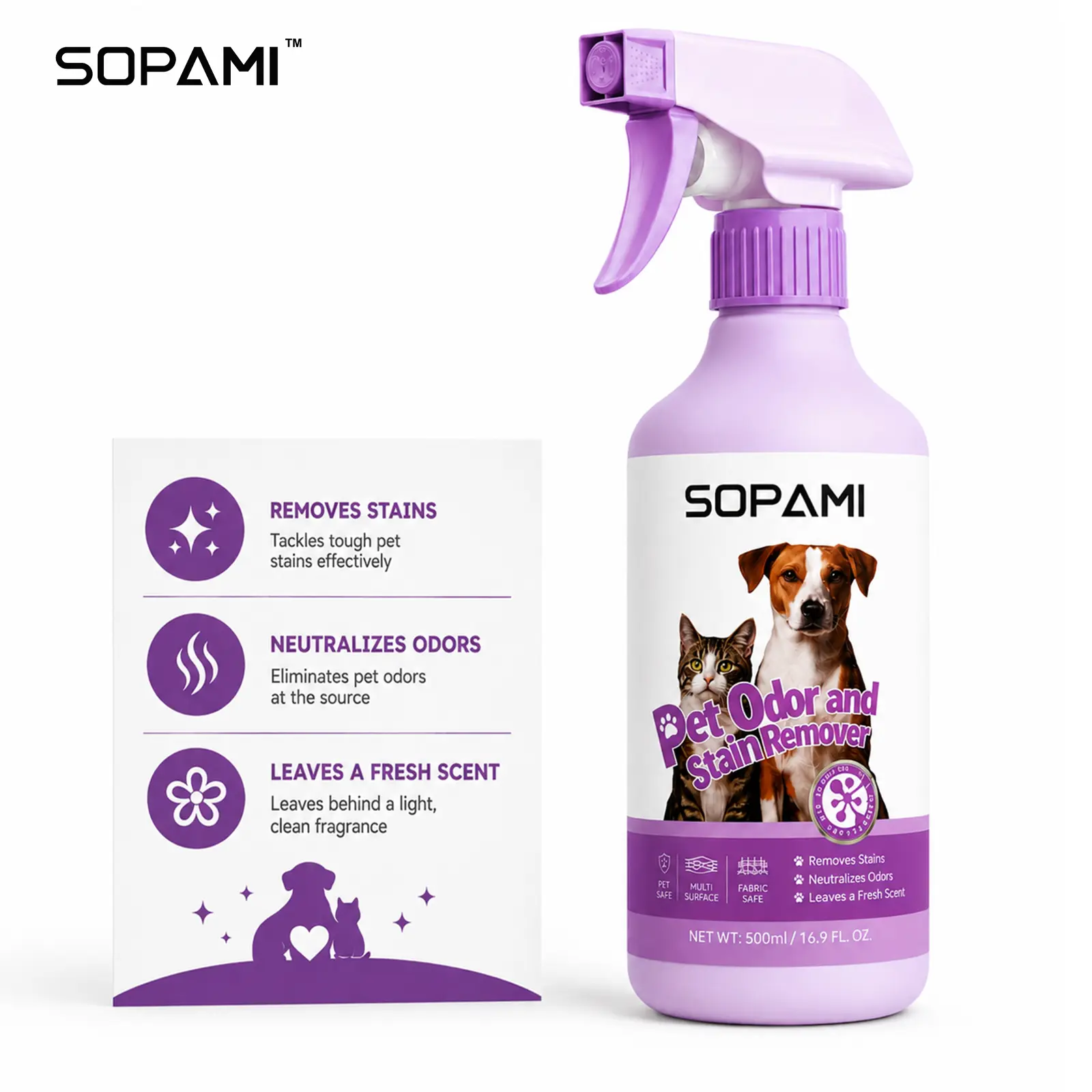 SOPAMI Pet Odor & Stain Remover Spray, 500ml Plant-Based Neutralizer, Safe for Pets, Suitable for Carpet, Sofa & Hard Floors