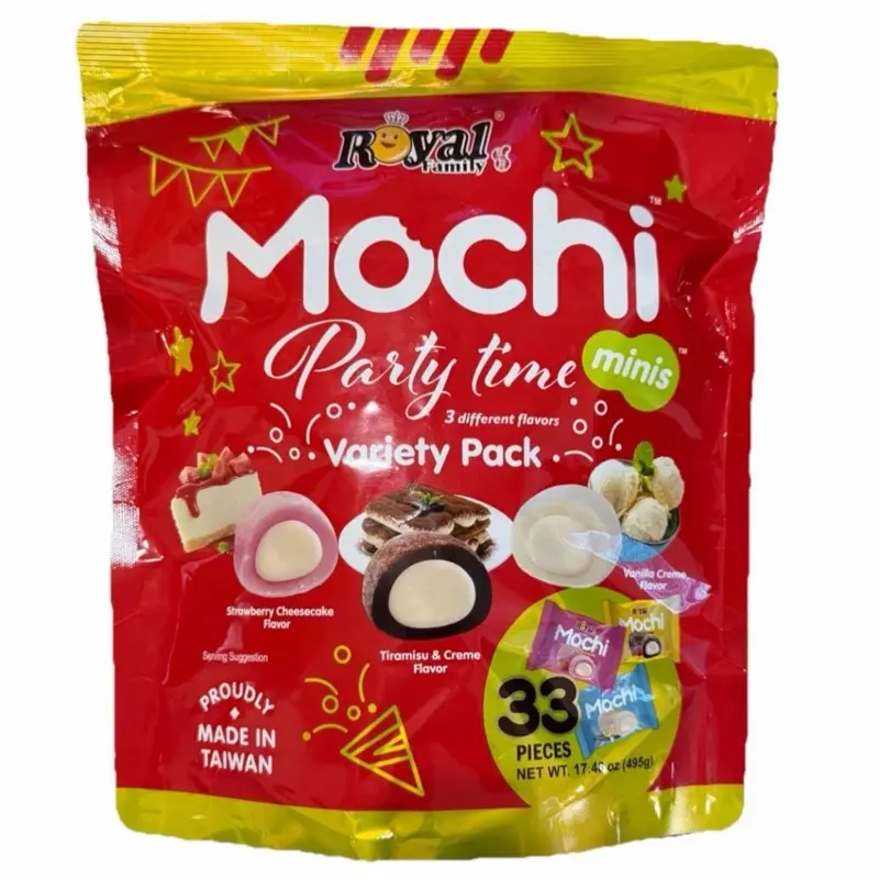 Royal Family Halal Mini Mochi Snack Variety Pack - 33 Rice-Based Pieces, Strawberry Cheesecake, Tiramisu Cream, Vanilla Flavors, Ideal for Parties, Ambient Cupboard Storage, 495G