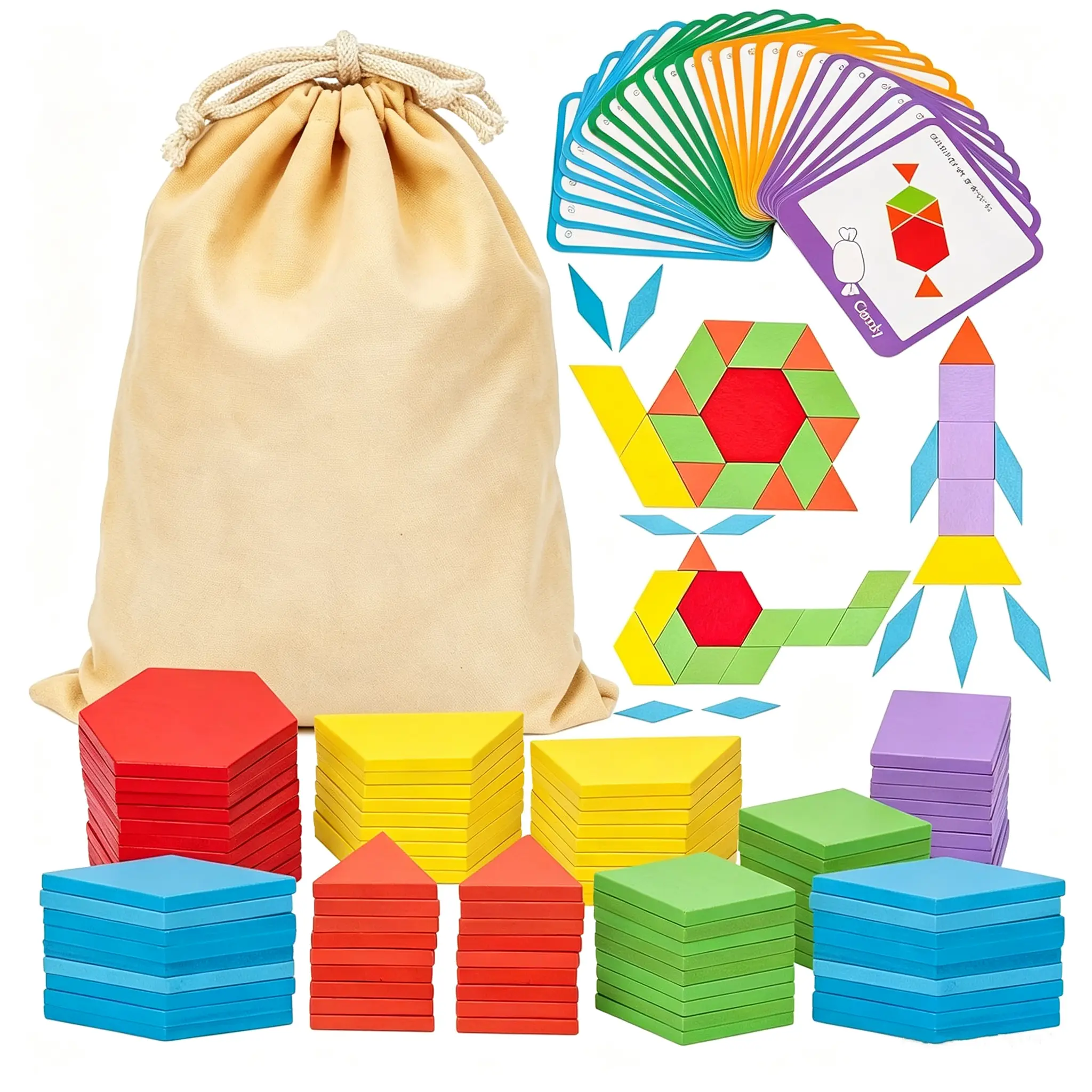 209 PCS Natural Wood Geometry Pattern Blocks, STEM Learning Tangrams for Preschool Early Years Kids with Activity Cards, Storage Bag, Remote Free Educational Toy Gift for Parents