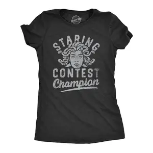 Womens Staring Contest Champion T Shirt Funny Mythical Medusa Joke Tee for Ladies Funny Womens T Shirts Cute Vintage Fashion Casual Ladies T-Shirt Gift Funny mental health Top Women's Novelty Tees Black -
