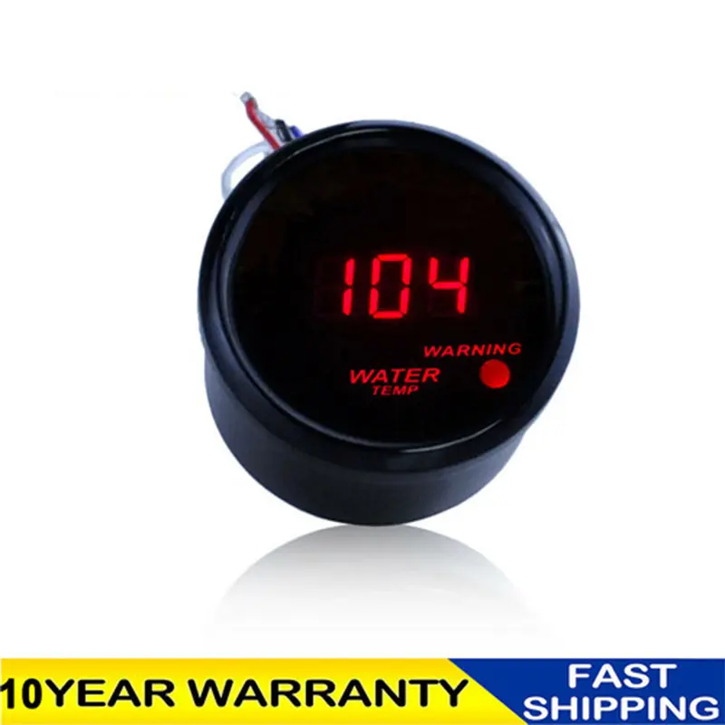 AFA Motors 2 in (52mm) 12V Digital LED Water Temp Gauge with Sensor - Red Readout, Durable Aluminum, Safety Warning Light, Easy Viewing Vehicle Accessory