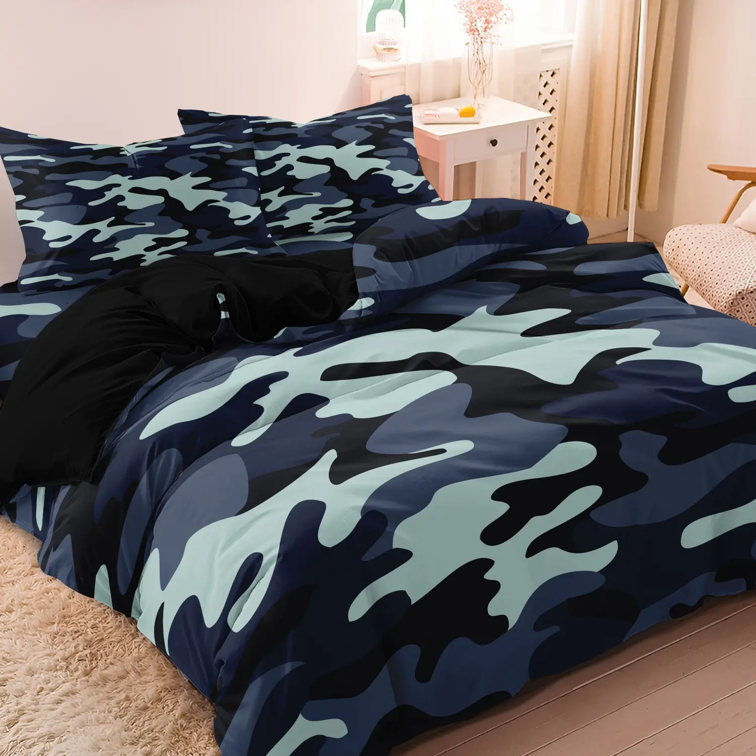 3pcs Duvet Cover Set,Blue-Black  Camouflage Print Digital Printed Bedding Set, Bed Sets Supplies, Soft Comfortable Duvet Cover, Washable Covers, For Bedroom, Guest Room, Bed Sets (1*Duvet Cover + 2*Pillowcase,No Core)