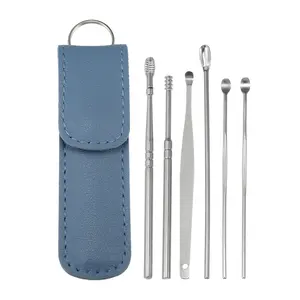 VOCOSTE 6Pcs Stainless Steel Ear Cleansing Tool Set, Ear Cleaner Ear Care Set, with Faux Leather Packaging Light Blue