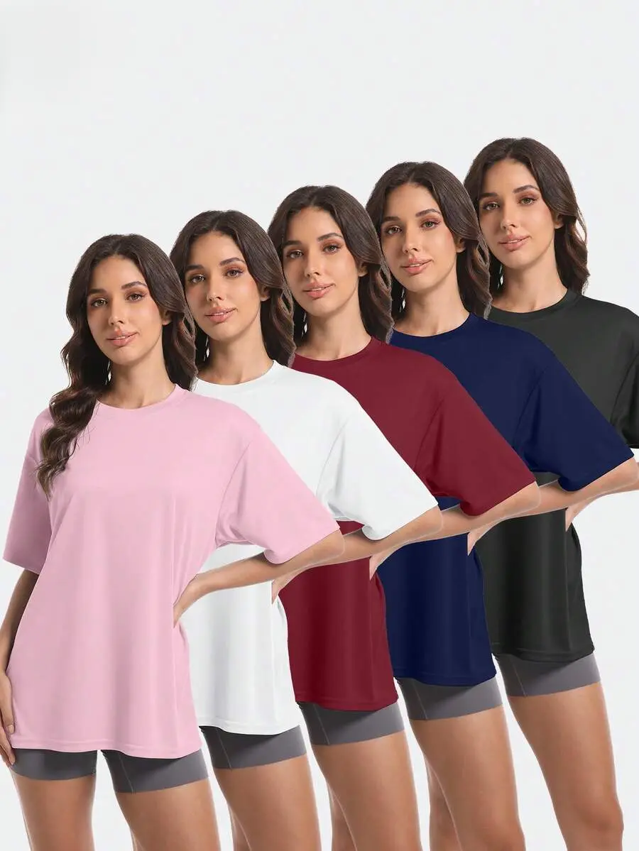 Women's 5-Piece Oversized Short-Sleeve Sports T-Shirt Set, Multi-Color Activewear, Comfortable Athletic Apparel for Gym & Home, T Shirts for Women, Oversized Tshirt,summerwins summerwins,travel essentials,camping essentials