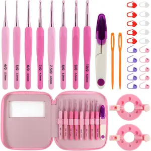 34PCS Crochet Hooks Set, 8 sizes 2.5-6 mm High-Quality Pink Gradient Aluminum Ergonomic Soft Handle Crochet with Case and Crochet Kit for Beginners Adults for Arthritic Hands Crochet Needle Set