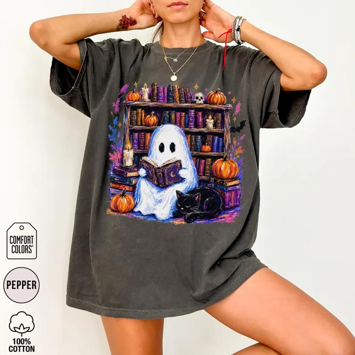 Comfort Colors Ghost Reading Shirt Comfort Colors Spooky Book Lover Tee Halloween Library Ghost Shirt Black Cat Fall Bookish Gift for Librarian Outfit Top Womenswear Gift for Her