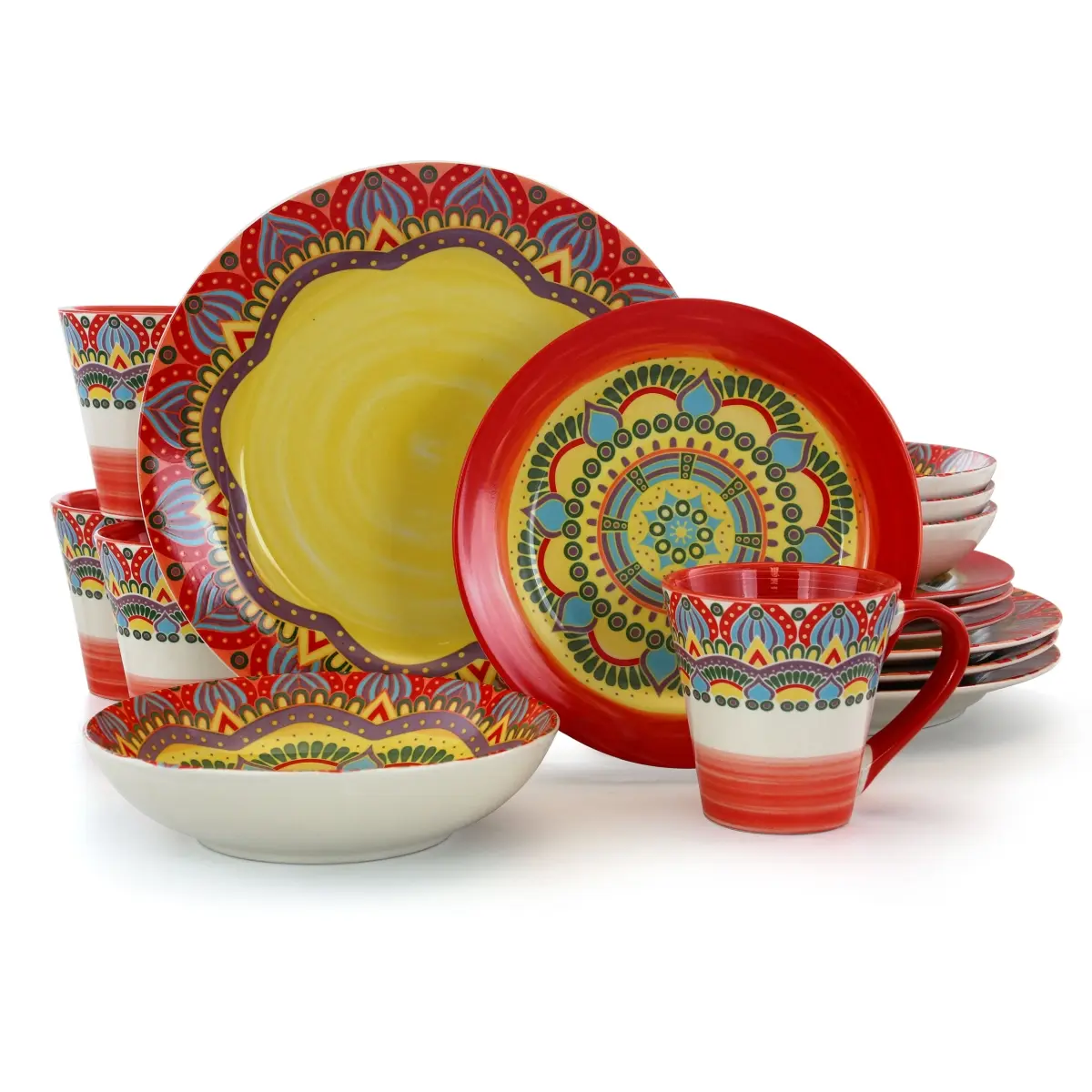 212 MAIN Bohemian Colorful Stoneware Tableware Set - Zen Mosaic Luxurious 16-Piece, 4-Person Complete Setting with Plates and Dishes, Red