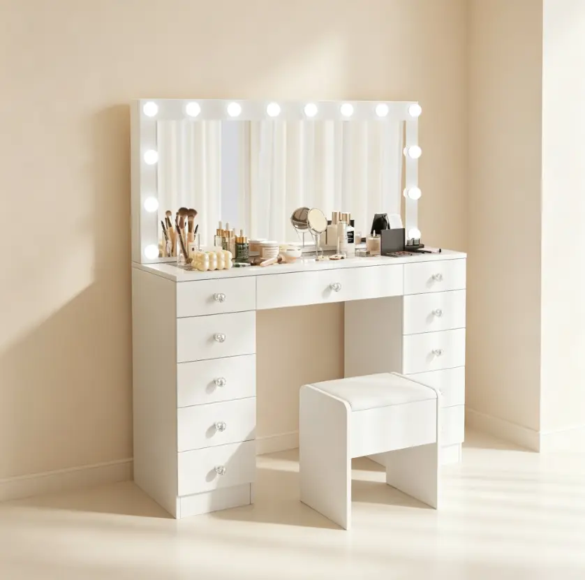 Vanity with 10x Magnifying Mirror, With GlassTop & Power Outlet, 3 Color Light Options, 46" Vanity Table with 11 Drawers&Stool, Bedroom, White