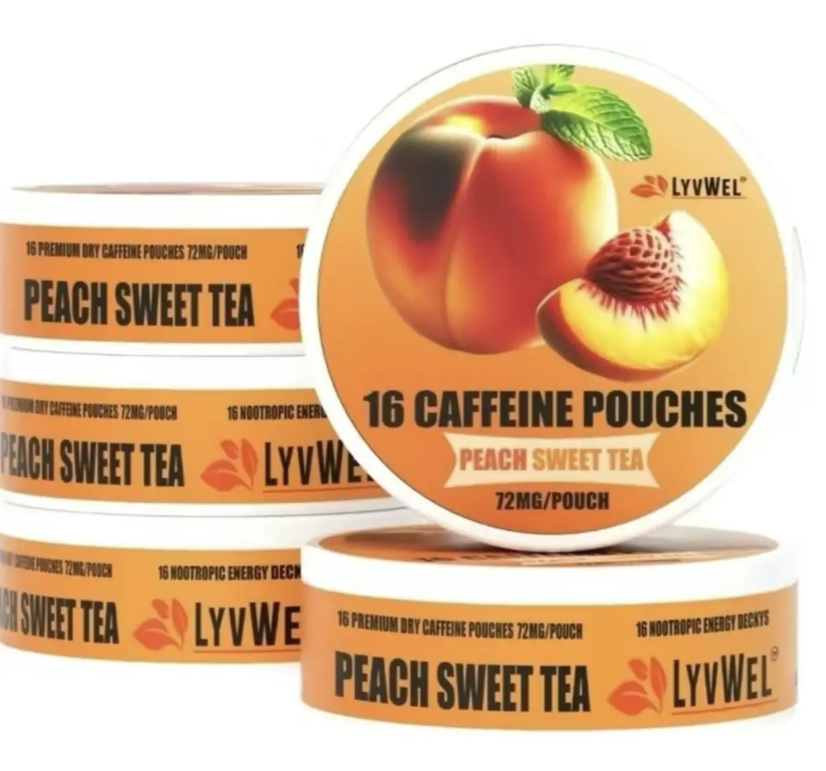 5 Pack Peach Sweet Tea 72mg Caffeine Pouches - 16 pouches per pack New Sport Energy beverage