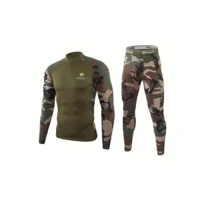 Men's Camouflage Print Shirt And Pants Set, 1/4 Zip Knitted Warm Thermal Underwear, Sport Bodybuilding Long Sleeve Top And Bottoms Outfits