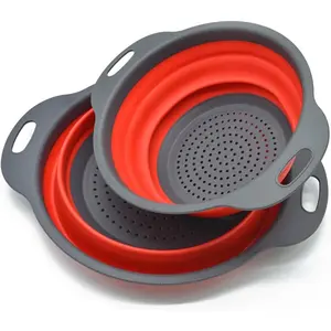 Collapsible Colander, Set of 2 Pcs Collapsible Strainer, Space-Saving Kitchen, Food-Grade Silicone Folding Strainer Colander with Handle, Red