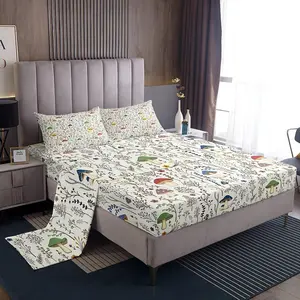 Feelyou Cartoon Mushroom Bedsheet Sets - Breathable Microfiber Bedding Set with Flower Branch Leaves Fitted Sheet, Kawaii Botanical Kids' Bedroom Decor, Breathable Sheets, Flower Printed Bedding