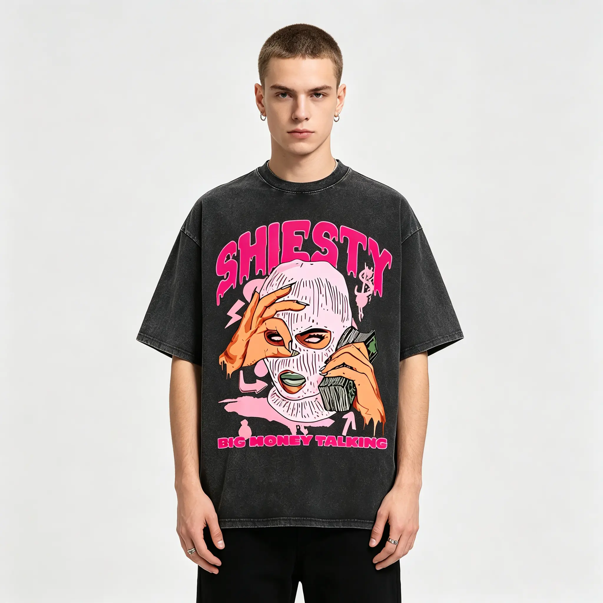 Trendy Hip-Hop Retro Acid-Wash Black & Pink "Shiesty" Balaclava & Cash Money Graphic T-Shirt — Unisex Loose-Fit Streetwear Top (Hip-Hop/Trap Style)