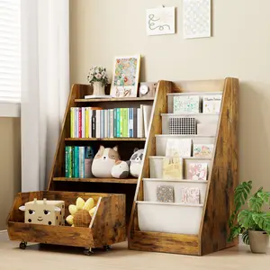 LAST CALL | 4-Tier Rolling Toy Storage Cabinet for Kids 5 Layer Sling Toddler Furniture Baby Book Rack with Wheels Brown Space Saving Corner Design