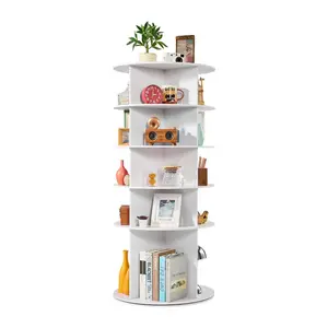 White 5-Tier PVC Wood-Plastic Rotating Shoe Storage Organizer, 360° Spinning Freestanding Round Lazy Susan Shelf Unit for Bedroom, Entryway