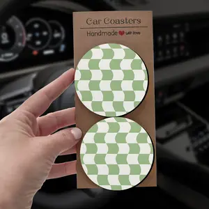 Car Coasters for Cup Holder 2/4 Pcs Sage Green Wavy Checker Print Cute Y2K Retro Neoprene Non Slip Absorbent Round Auto Insert for Car Girls 6.8 cm / 2.68 in