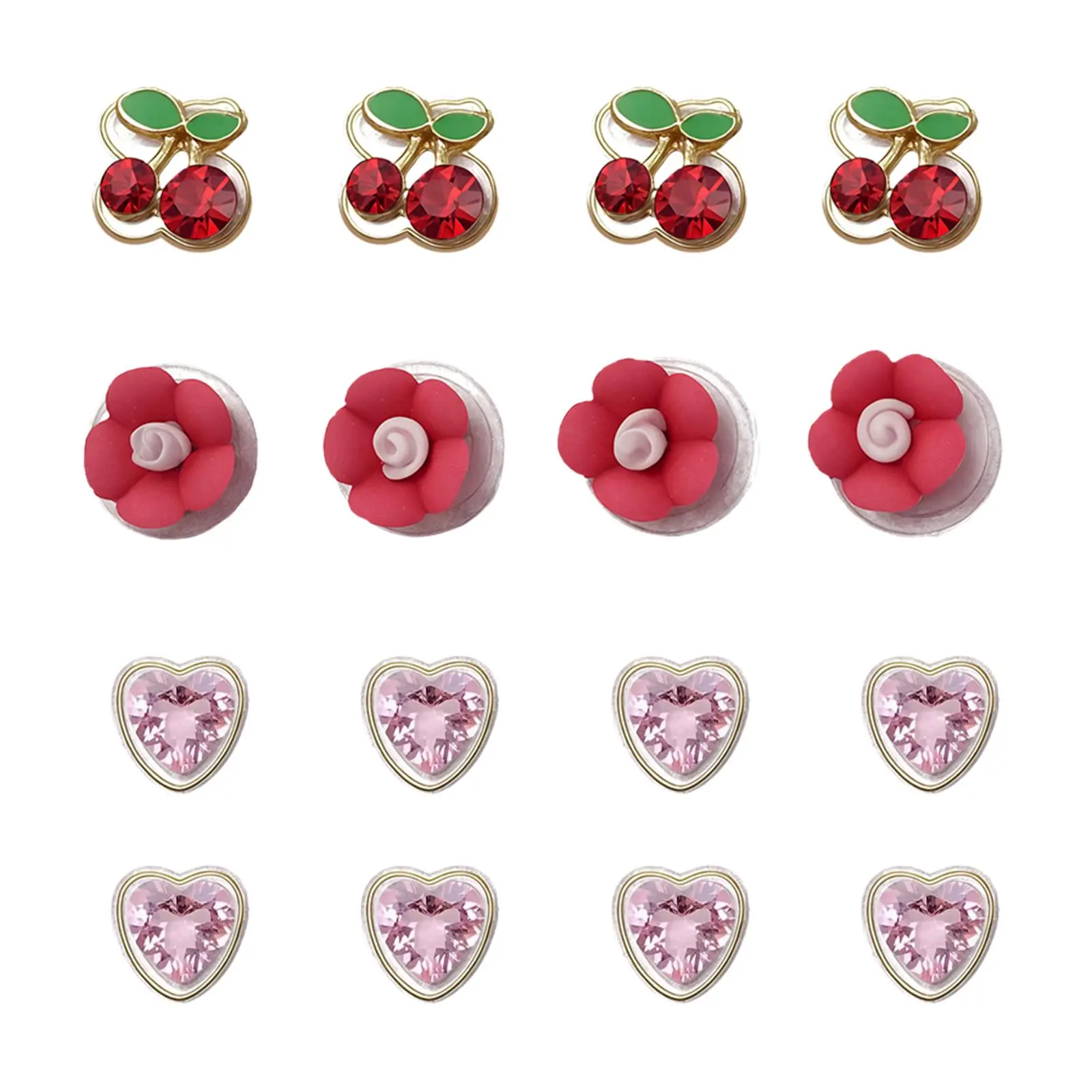 OIDEA Kid-Friendly No-Piercing Sticker Earrings for Girls, 8-Pair Tiny Cherry Polymer Clay Set - Lightweight, Safe, Flower & Heart, Rhinestone Diamond Designs for Dance Recitals, Dress-Up Days, Fun Gifting, Sleepovers