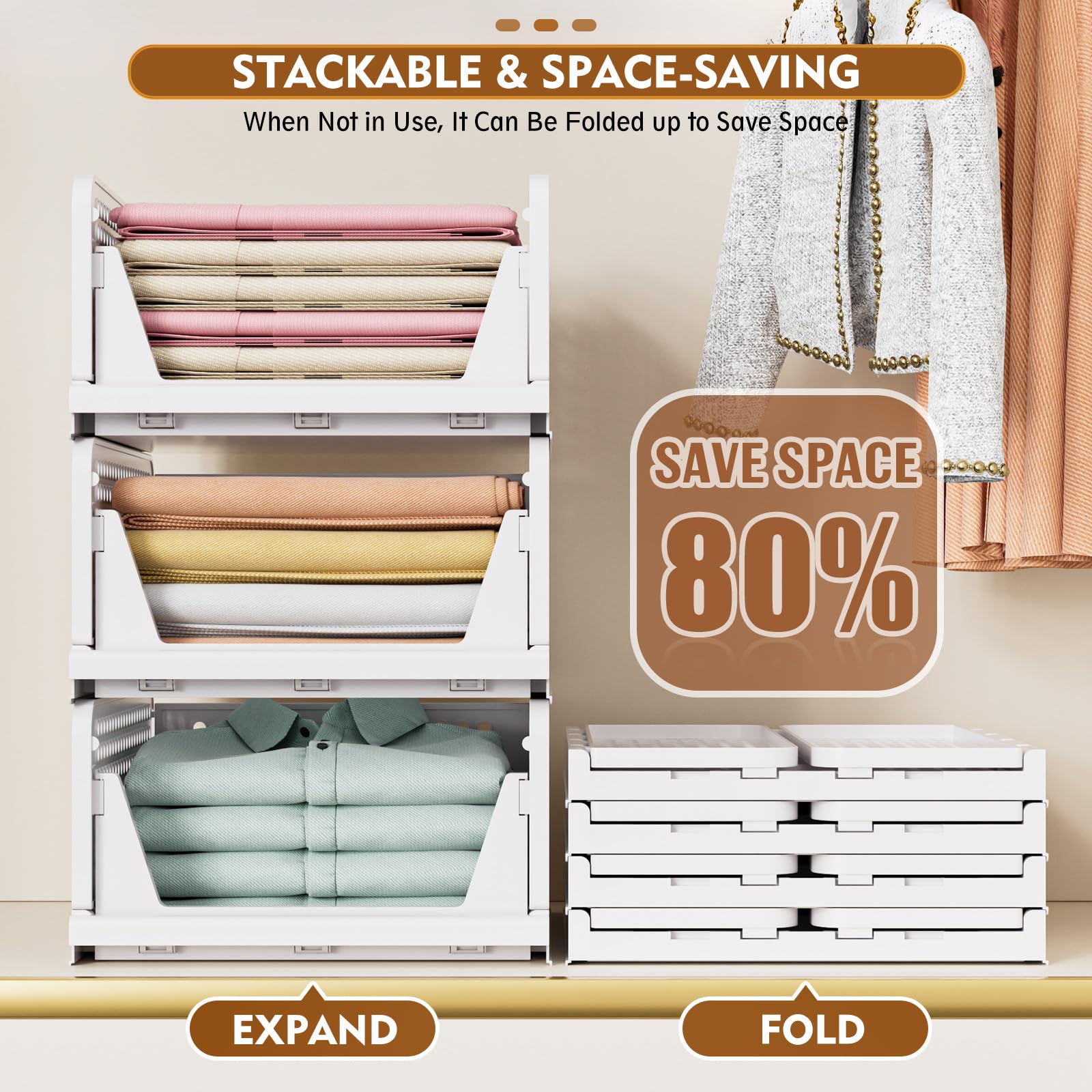 5 Pack Stackable Closet Storage Basket, Multifunctional & Foldable Closet Organizer for Bathroom Kitchen Laundry Room Wardrobe Storage, Space-Saving Clothes Storage Drawer Organizer