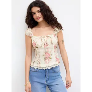 Cider Floral Lace Trim Ruched Knotted Tank Top SwimWeek