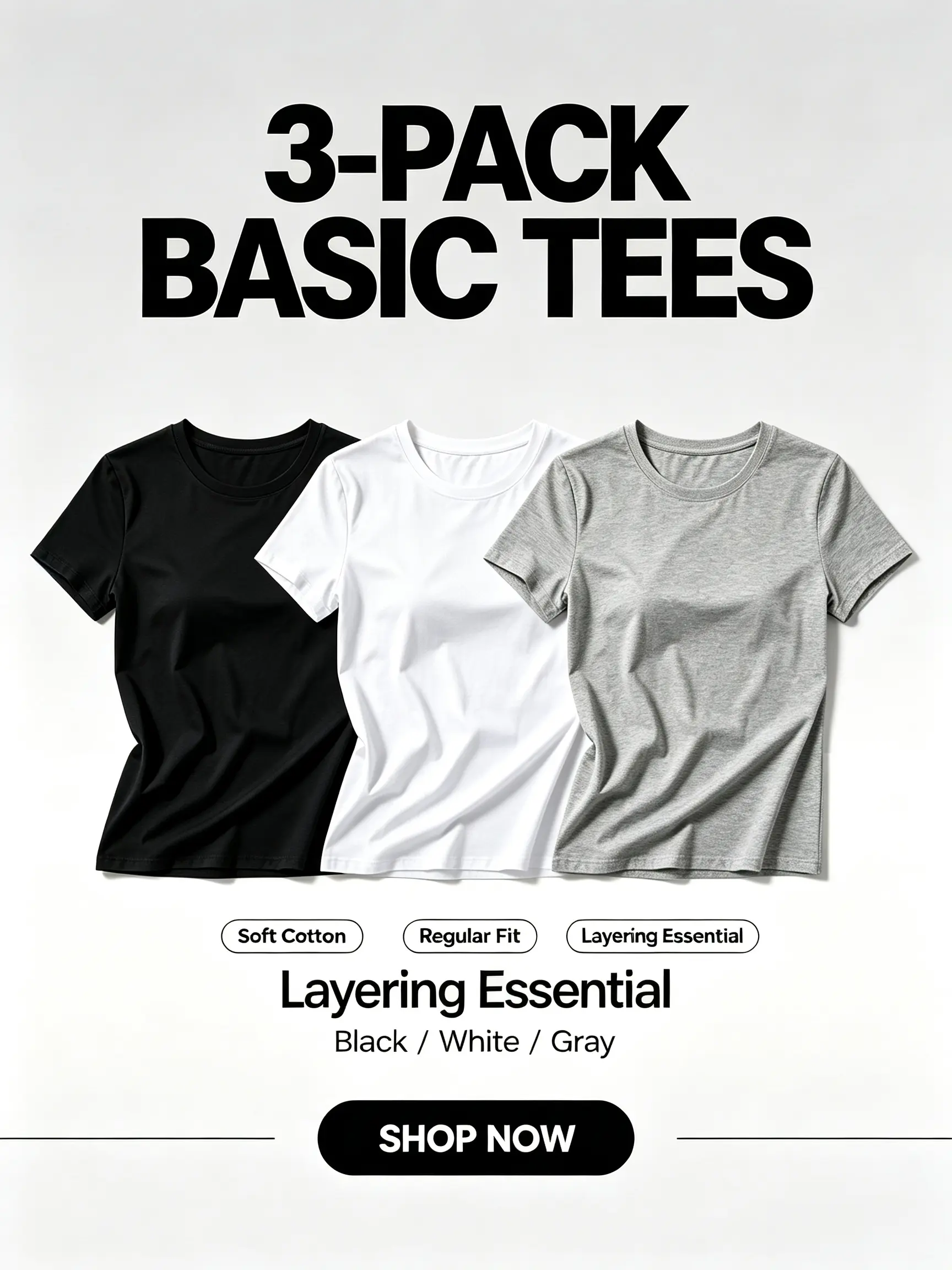 Women's 3-Pack Solid Color Basic Crew Neck Short Sleeve T-Shirts - Slim Fit, Soft Lightweight Fabric, Casual Everyday Essential Tops (Black, White, Gray)