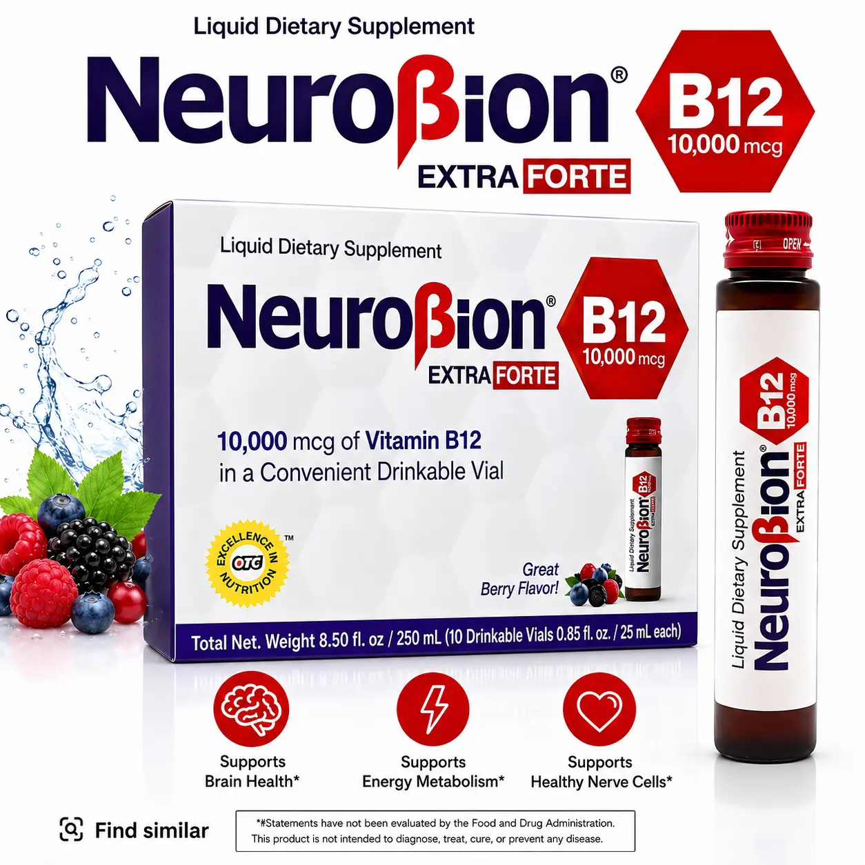 Neuro B12 Extra Forte Brain Health Liquid Drink Supplement - 10-Vial Pack Daily Dietary Vitamin, B12+B6 Support, Sugar-Free, Dairy-Free, Easy Vial Dosing for Youth Support, Metabolism Boost