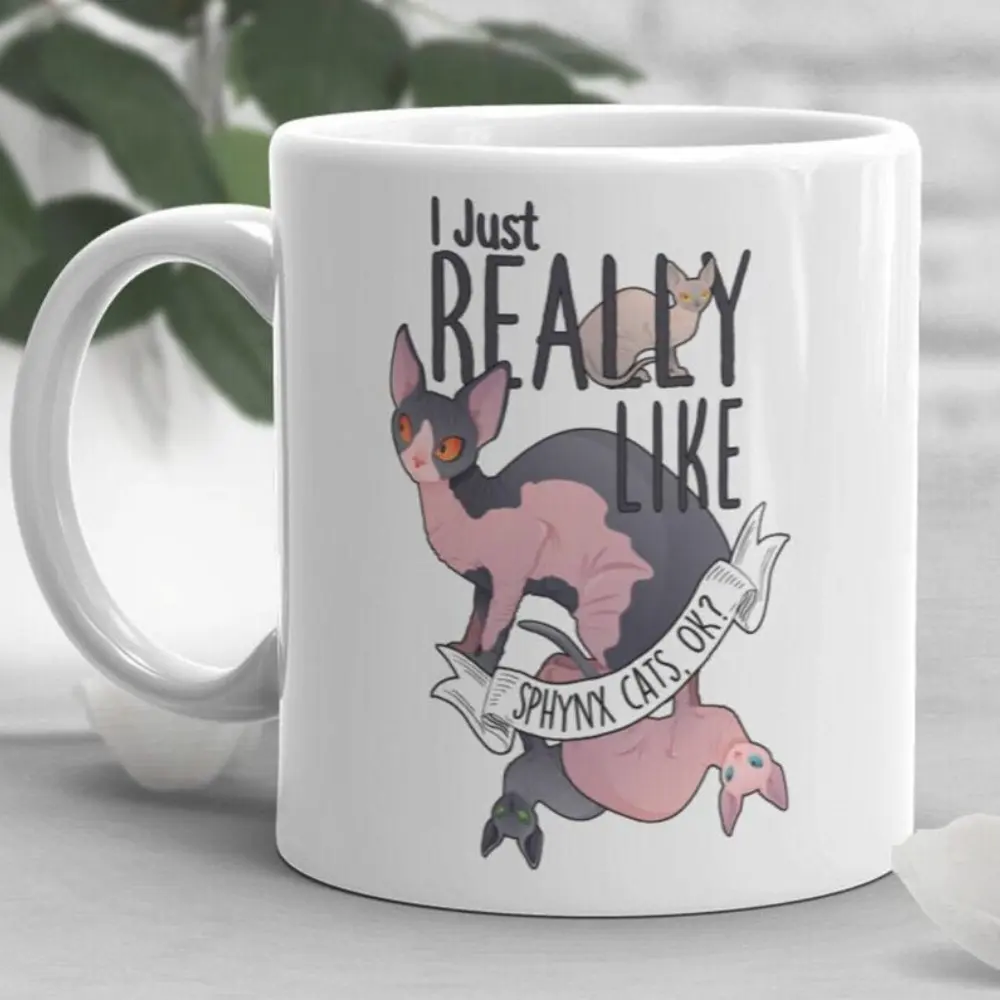 Whimsical Sphynx Cat Ceramic Coffee Mug - "I Just Really Like Sphynx Cats" Design with Pink & Black Accents, Ideal Gift for Cat Lovers