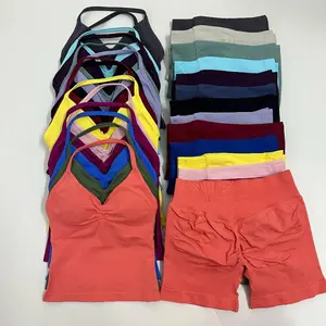 dfyne workout sets No Logo2Pcs Gym Set Women Backless Tank Tops High Waist Scrunch Seamless Shorts Gym Suit Fitness Clothes Activewear Workout Set Yoga Bottoms Sportswear