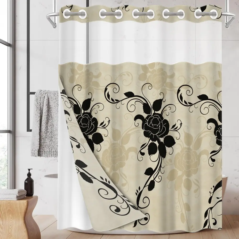 1pc hookless shower curtain with buckle lining, beige base with black rose scrollwork design, 2D flat printing, waterproof fabric lining, see-through double-layer shower curtain, 71 x 74 inches, Bathroom Decor
