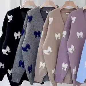 Women's Bow Print Button Front V Neck Cable Knit Sweater, Casual Long Sleeve Jumper for Fall & Winter, Fashion Ladies' Knitwear for Daily Wear
