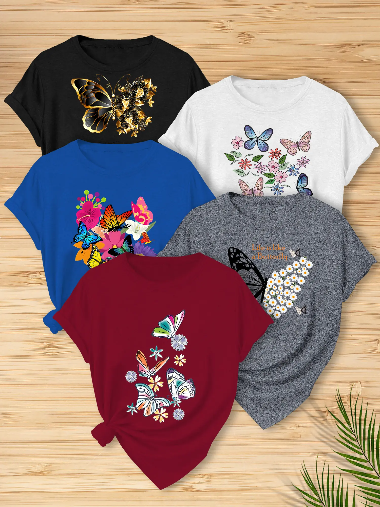 5-Piece Vintage Watercolor Flowered Butterfly Casual T-Shirt for Spring and Summer Outings, A Basic Sleeveless Top That Is Versatile And Suitable for All Occasions, With Daisy And Butterfly Prints on the Sleeves, Loose Short Sleeves