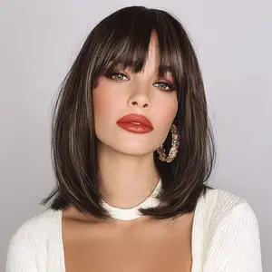 SMILCO/12-inch Brown with Blonde Highlight Short Bob Synthetic Wig with Bangs SM7253 for Versatile Styling
