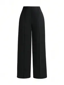 Women's Plus Size Tummy Control High Waist Straight Leg Pants, Solid Black Knitted, Womenswear, Office Workwear Business Casual, All Season, Fit