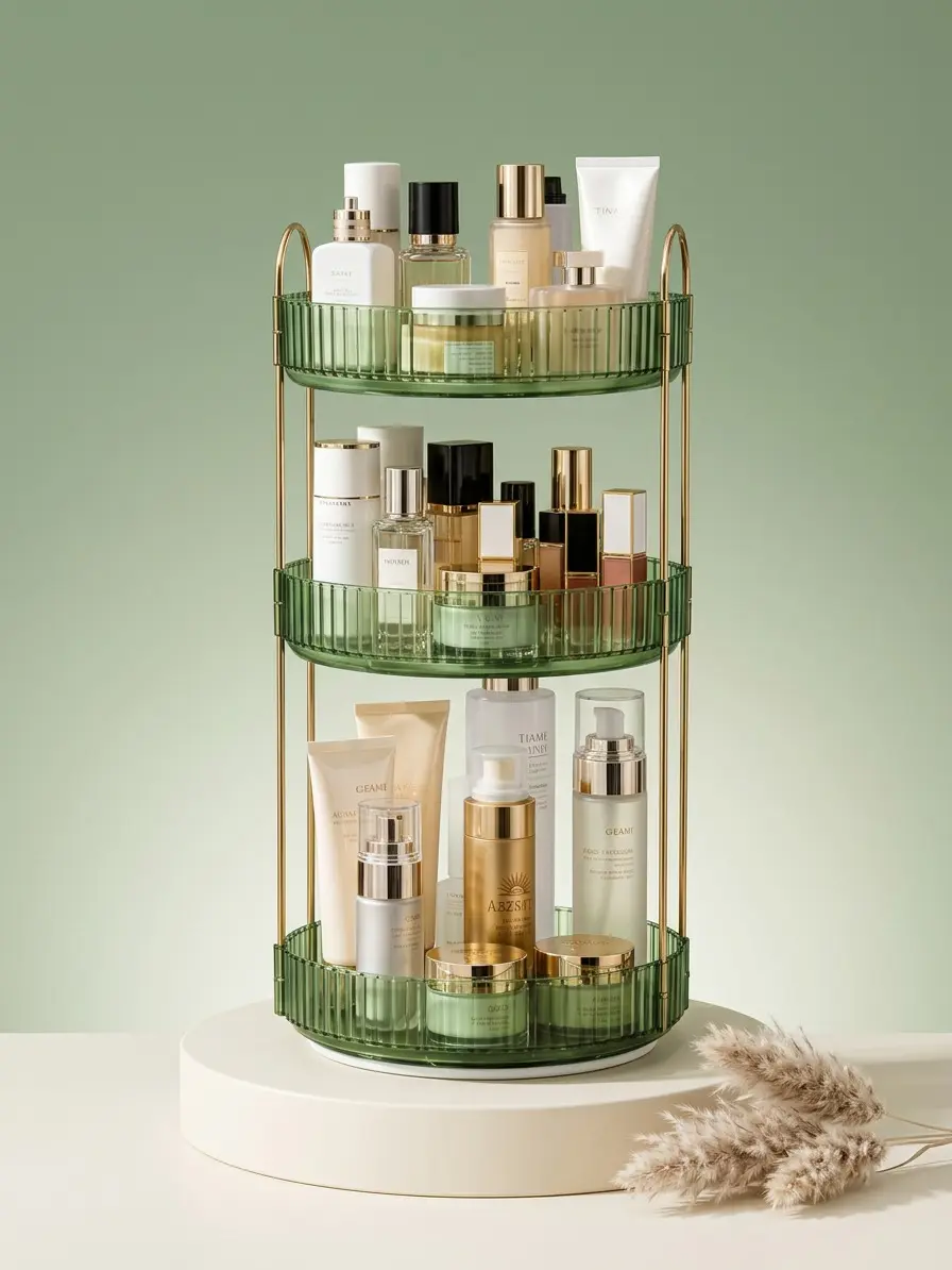 3-Layer 360-Degree Rotating Metal Cosmetic Storage Box - Extended Capacity Cosmetic Organiser, Tabletop Home Organizer for Bedroom Bathroom Vanity Beauty Organization, Cosmetic Organizers, Extended Capacity Cosmetic Organisers