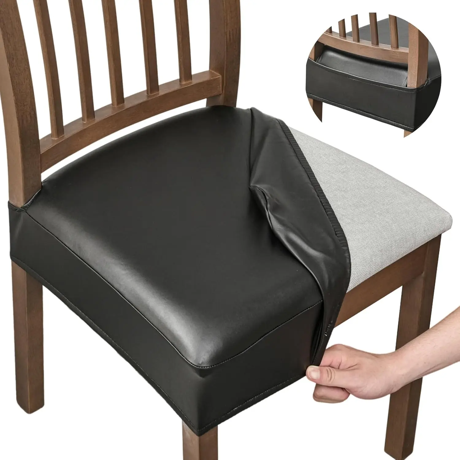GOSTADY  Waterproof Seat Covers for Dining Room Chairs Set of , Pu Leather Chair Seat Slipcovers Dining Chair Cover Removable Washable Chair Protctor Cover, Rear Covers (PU-Black)
