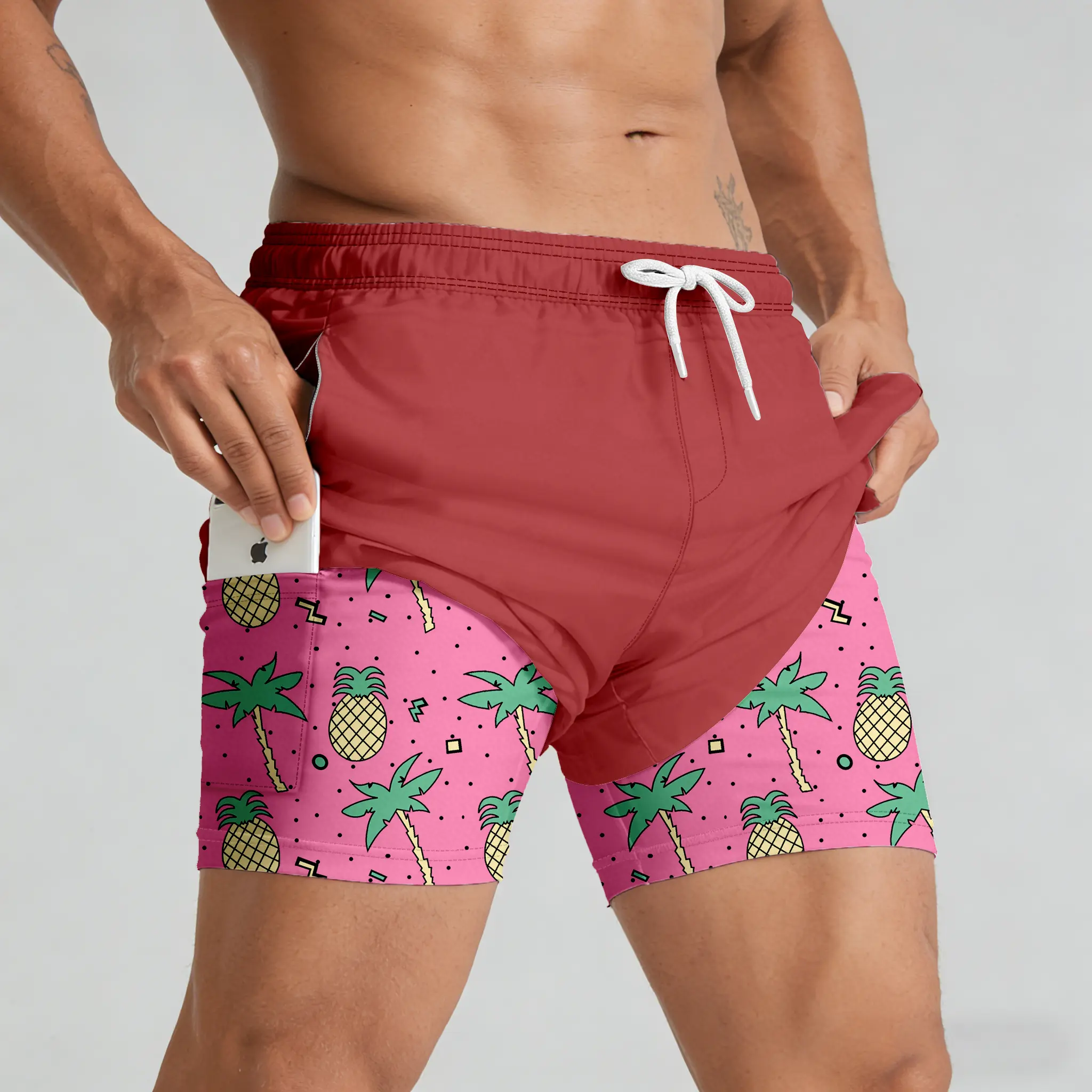 ABSECAI Men's 6" 2-in-1 Swim Trunks with Compression Liner, Quick Dry, Double Pockets, Washable, Surf, Streetwear Summer Beach Shorts, Father's Day Gift, Washable Men's Shorts, Surf Men's Shorts，Outdoorfun,Summervibes