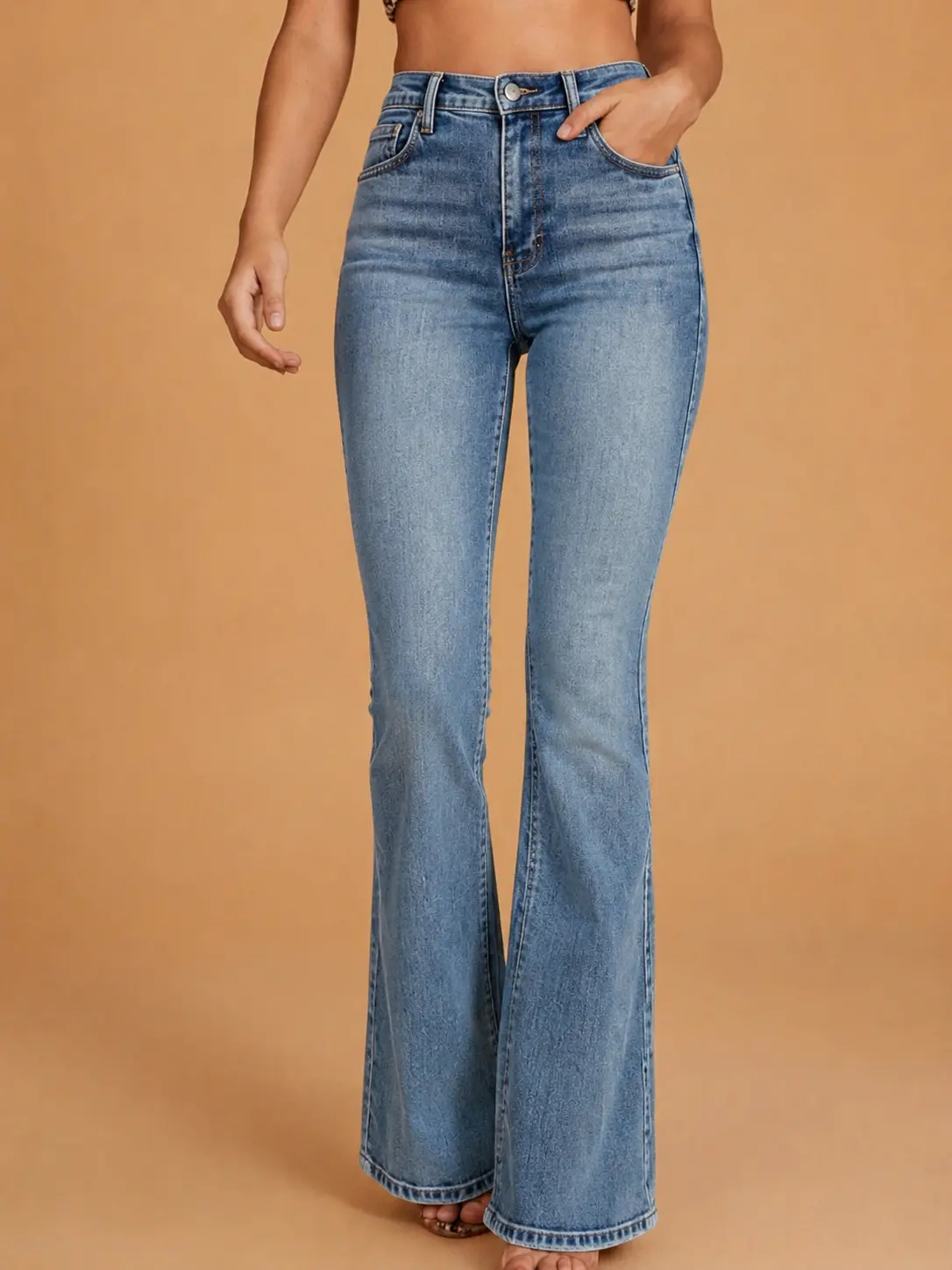 Women's Light Blue Vintage Washed Super Stretch Flared Bootcut Jeans - High Waist, Figure-Flattering, Butt-Lifting, Casual Everyday Womenswear - American Retro Y2K Fashion Long Denim Trousers