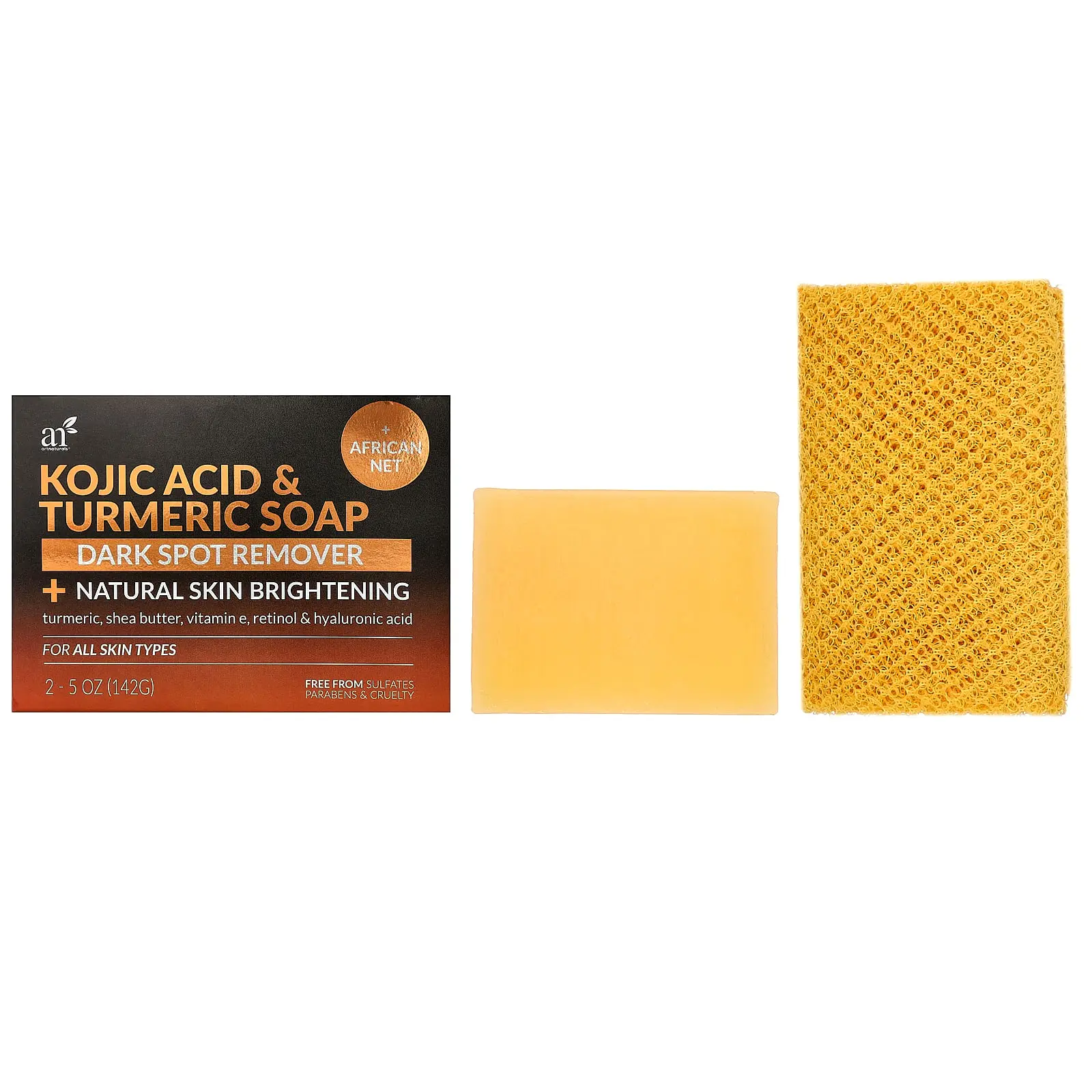 artnaturals Kojic Acid & Turmeric Bar Soap + African Net, For All Skin Types , 2 Bars, 5 oz (142 g) Each