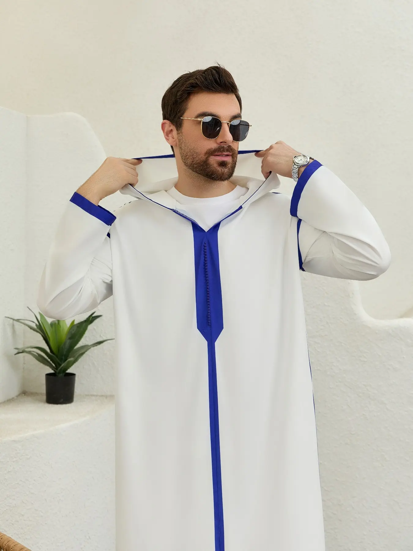 Moroccan Men's Colorblock Modesty Thobe Maxi Long Robe, Modest Muslim Thobe, Islamic Thobe, Casual Long Sleeve Hooded Traditional Arabic Robe for All Seasons, Traditional Festival Clothing for Ramadan and Eid