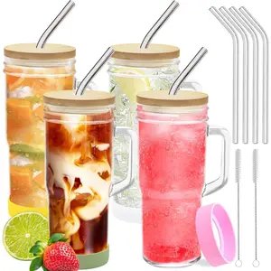 4-Pack 24oz Glass Tumbler Cups with Handle,  Lids, and Straws -  Mason Jar Drinking Glasses for Iced Coffee, Smoothies, , Juice, and