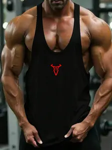 Men's Minimalist Printed Stringer Tank Top, Deep U-Neck Breathable Cotton Blend Muscle Tank, Lightweight Moisture-Wicking Gym Shirt, Ideal for Bodybuilding, Workout, Light Outdoor & Urban Street Style