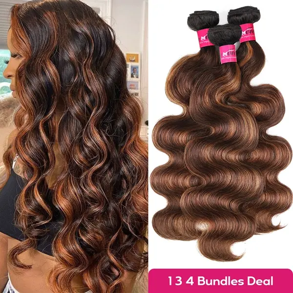 FB 30 Brown Highlight Body Wave Bundles Ombre Colored Human Hair Weave P4 27 Brazilian Hair Weave Bundles 1 3 4 PCS Quick Weave Extensions #TikTokShopBlackFriday