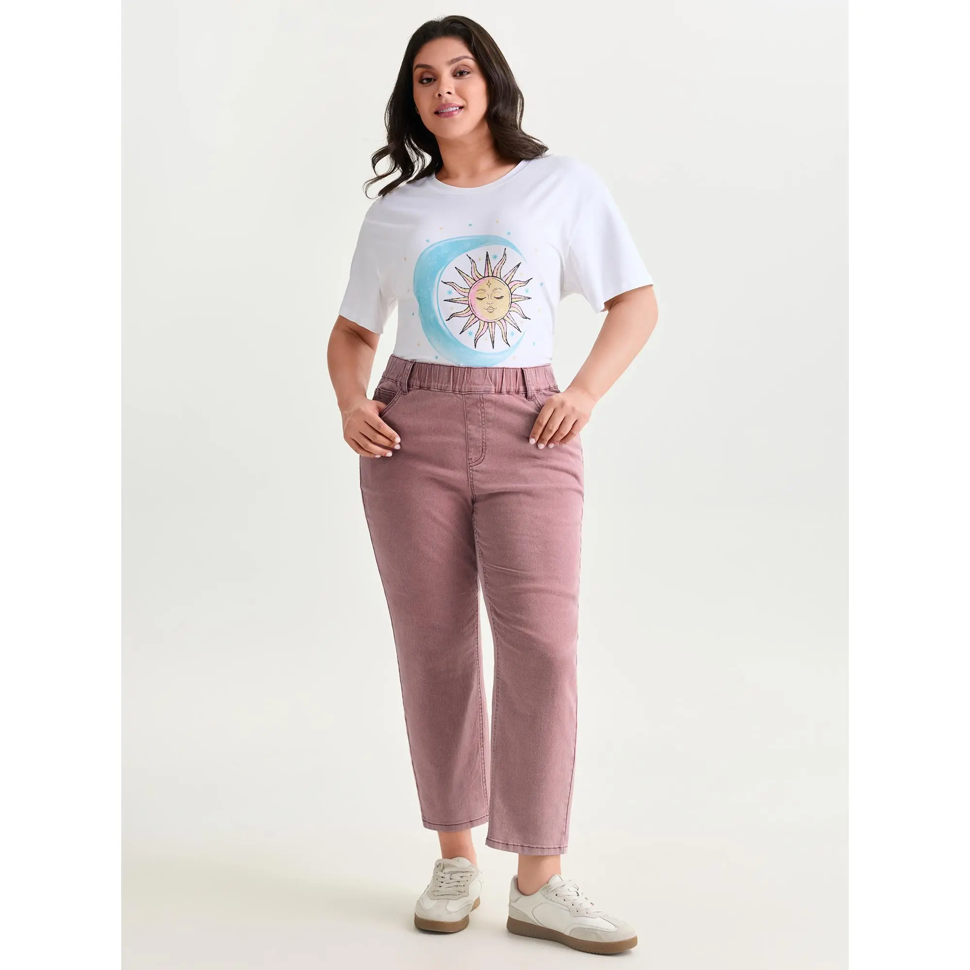 BLOOMCHIC Women's Plus Size Stretchy Wide Waistband Cropped Denim Pants [M-6X] - Cotton-Spandex Fabric, Dusty Pink Casual Wear, Curvy Fit Wide Hip Jeans, Summer Plus Size Clothes, Bottoms, Curvy Fit Jeans, Cropped Cut, Cotton Blend, Multi-Size